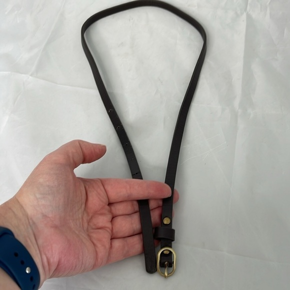 DARK Chocolate Brown Vegan Leather Narrow Belt Brushed Brass Buckle Size M - Picture 2 of 4